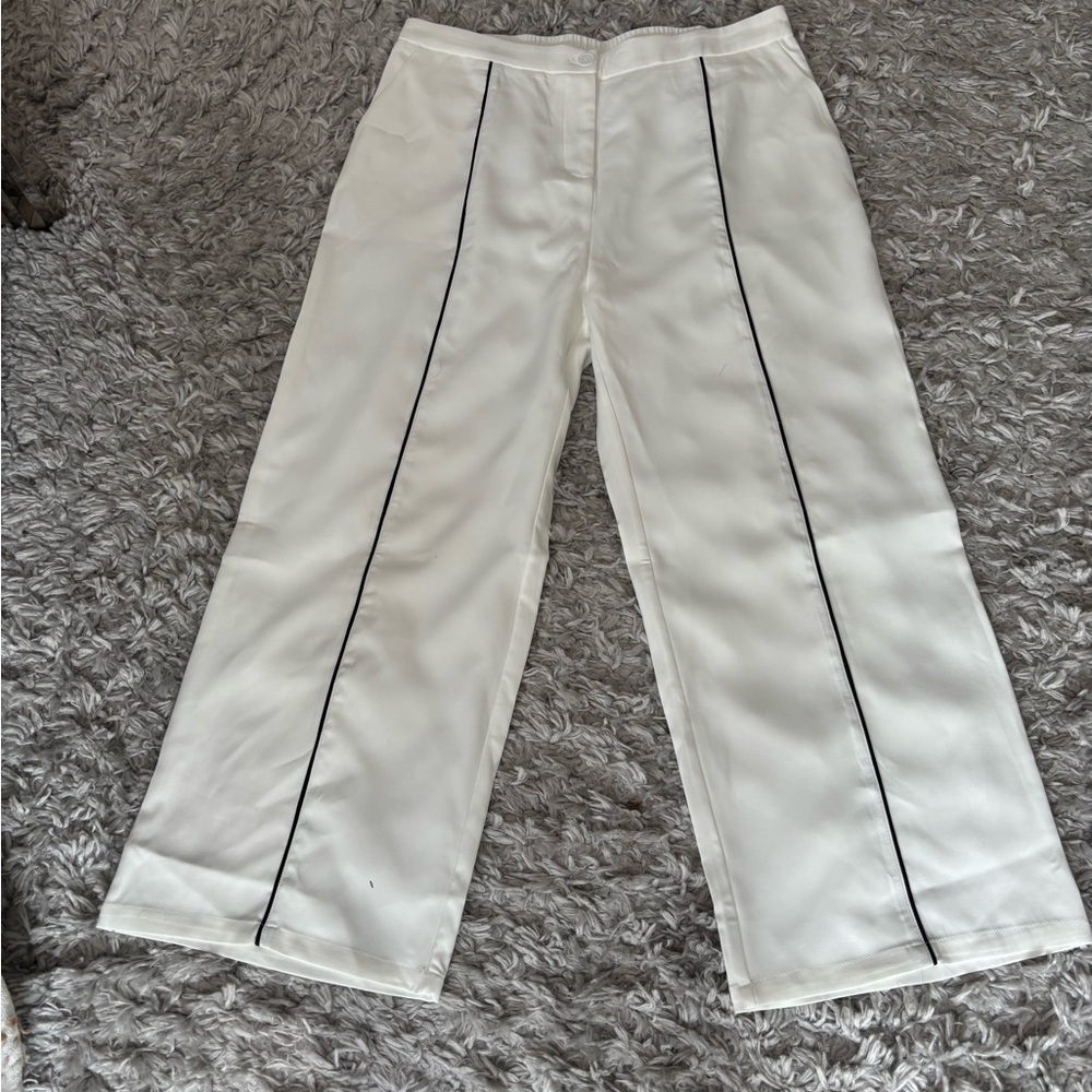 White Wide-Leg Pants with Black Piping